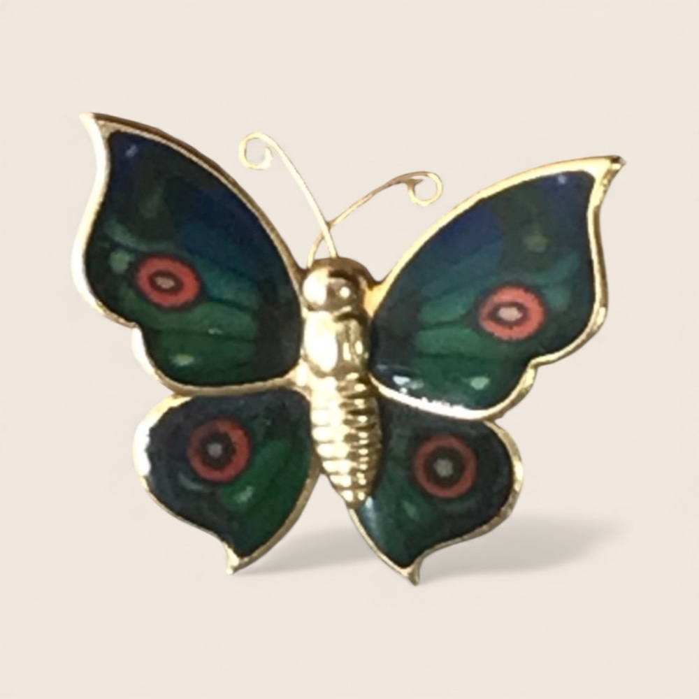 Vintage Gold Tone Green Enamel Butterfly Brooch Pin 80’s